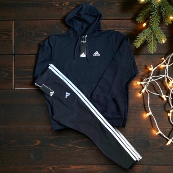 NWT 2 PC ADIDAS M HOODIE AND LEGGINGS 3 STRIPE MATCHING SET BLACK WHITE BUNDLE - Picture 1 of 3